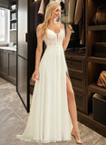 Izabella A-Line V-neck Sweep Train Chiffon Lace Wedding Dress With Beading Sequins STIP0013681