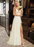 Izabella A-Line V-neck Sweep Train Chiffon Lace Wedding Dress With Beading Sequins STIP0013681