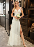 Izabella A-Line V-neck Sweep Train Chiffon Lace Wedding Dress With Beading Sequins STIP0013681