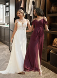 Izabella A-Line V-neck Sweep Train Chiffon Lace Wedding Dress With Beading Sequins STIP0013681