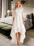 Briley A-Line Scoop Neck Asymmetrical Satin Lace Wedding Dress STIP0013684