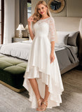 Briley A-Line Scoop Neck Asymmetrical Satin Lace Wedding Dress STIP0013684