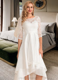 Briley A-Line Scoop Neck Asymmetrical Satin Lace Wedding Dress STIP0013684