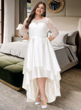 Briley A-Line Scoop Neck Asymmetrical Satin Lace Wedding Dress STIP0013684