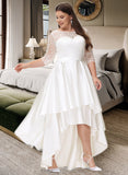 Briley A-Line Scoop Neck Asymmetrical Satin Lace Wedding Dress STIP0013684