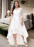 Briley A-Line Scoop Neck Asymmetrical Satin Lace Wedding Dress STIP0013684