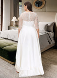 Briley A-Line Scoop Neck Asymmetrical Satin Lace Wedding Dress STIP0013684