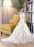 Gabriela Ball-Gown/Princess V-neck Court Train Satin Lace Wedding Dress With Ruffle STIP0013688