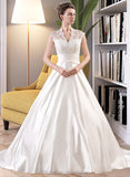 Gabriela Ball-Gown/Princess V-neck Court Train Satin Lace Wedding Dress With Ruffle STIP0013688