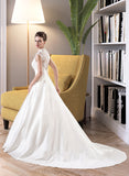 Gabriela Ball-Gown/Princess V-neck Court Train Satin Lace Wedding Dress With Ruffle STIP0013688