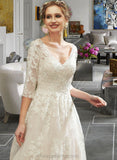 Haylee A-Line V-neck Court Train Wedding Dress With Sequins STIP0013690