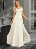 Amina A-Line V-neck Floor-Length Chiffon Lace Wedding Dress With Lace STIP0013691