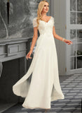 Amina A-Line V-neck Floor-Length Chiffon Lace Wedding Dress With Lace STIP0013691