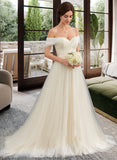 Gemma Ball-Gown/Princess Off-the-Shoulder Court Train Tulle Lace Wedding Dress With Ruffle STIP0013692