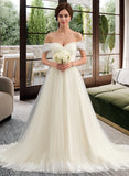 Gemma Ball-Gown/Princess Off-the-Shoulder Court Train Tulle Lace Wedding Dress With Ruffle STIP0013692