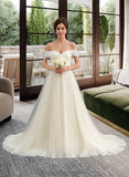 Gemma Ball-Gown/Princess Off-the-Shoulder Court Train Tulle Lace Wedding Dress With Ruffle STIP0013692