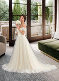 Gemma Ball-Gown/Princess Off-the-Shoulder Court Train Tulle Lace Wedding Dress With Ruffle STIP0013692