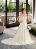 Gemma Ball-Gown/Princess Off-the-Shoulder Court Train Tulle Lace Wedding Dress With Ruffle STIP0013692