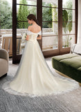 Gemma Ball-Gown/Princess Off-the-Shoulder Court Train Tulle Lace Wedding Dress With Ruffle STIP0013692