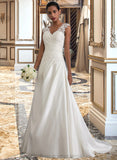 Haleigh Ball-Gown/Princess V-neck Sweep Train Satin Wedding Dress With Ruffle Beading Sequins STIP0013693