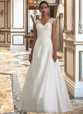 Haleigh Ball-Gown/Princess V-neck Sweep Train Satin Wedding Dress With Ruffle Beading Sequins STIP0013693