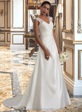 Haleigh Ball-Gown/Princess V-neck Sweep Train Satin Wedding Dress With Ruffle Beading Sequins STIP0013693