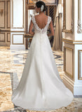 Haleigh Ball-Gown/Princess V-neck Sweep Train Satin Wedding Dress With Ruffle Beading Sequins STIP0013693