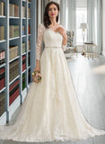 Pru Ball-Gown/Princess V-neck Chapel Train Tulle Wedding Dress With Beading Sequins STIP0013695