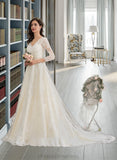 Pru Ball-Gown/Princess V-neck Chapel Train Tulle Wedding Dress With Beading Sequins STIP0013695