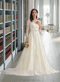 Pru Ball-Gown/Princess V-neck Chapel Train Tulle Wedding Dress With Beading Sequins STIP0013695