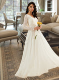 Kara A-Line V-neck Sweep Train Wedding Dress With Lace STIP0013696