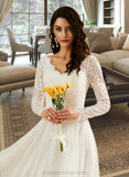 Kara A-Line V-neck Sweep Train Wedding Dress With Lace STIP0013696