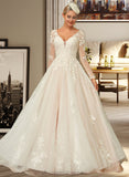 Julianne Ball-Gown/Princess V-neck Sweep Train Tulle Lace Wedding Dress STIP0013698