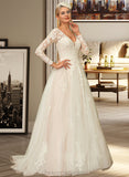 Julianne Ball-Gown/Princess V-neck Sweep Train Tulle Lace Wedding Dress STIP0013698