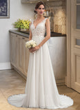 Gloria A-Line V-neck Court Train Chiffon Wedding Dress STIP0013701