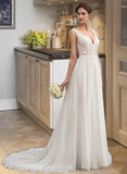 Gloria A-Line V-neck Court Train Chiffon Wedding Dress STIP0013701