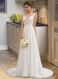 Gloria A-Line V-neck Court Train Chiffon Wedding Dress STIP0013701