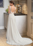 Gloria A-Line V-neck Court Train Chiffon Wedding Dress STIP0013701