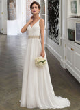 Mariela A-Line V-neck Sweep Train Chiffon Wedding Dress With Ruffle Lace Beading Sequins STIP0013705