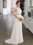 Mariela A-Line V-neck Sweep Train Chiffon Wedding Dress With Ruffle Lace Beading Sequins STIP0013705