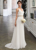 Mariela A-Line V-neck Sweep Train Chiffon Wedding Dress With Ruffle Lace Beading Sequins STIP0013705