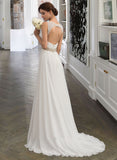 Mariela A-Line V-neck Sweep Train Chiffon Wedding Dress With Ruffle Lace Beading Sequins STIP0013705