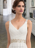 Mariela A-Line V-neck Sweep Train Chiffon Wedding Dress With Ruffle Lace Beading Sequins STIP0013705