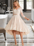 Kaitlynn A-Line V-neck Asymmetrical Satin Tulle Lace Wedding Dress STIP0013706