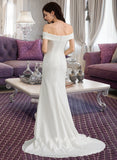 Mimi Sheath/Column Off-the-Shoulder Sweep Train Stretch Crepe Wedding Dress With Ruffle Split Front STIP0013707