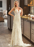 Saniyah Trumpet/Mermaid V-neck Court Train Tulle Lace Wedding Dress STIP0013708