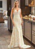 Saniyah Trumpet/Mermaid V-neck Court Train Tulle Lace Wedding Dress STIP0013708