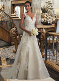 Esperanza A-Line V-neck Court Train Tulle Lace Wedding Dress With Beading Sequins STIP0013709