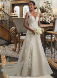 Esperanza A-Line V-neck Court Train Tulle Lace Wedding Dress With Beading Sequins STIP0013709