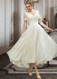 Evelin A-Line V-neck Asymmetrical Wedding Dress With Lace STIP0013712